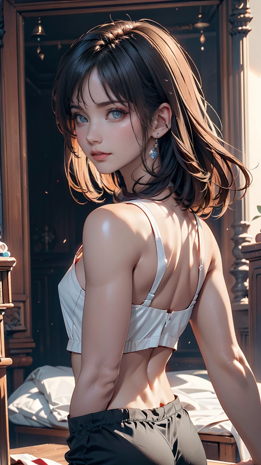masterpiece, Highest quality, Very detailed, Best Shadow, Beautifully detailed face, Beautiful attention to detail, High Contrast,, One girl, small, (Flat Chest),  bangs, Hair on one eye, Black bare shoulders,, White Background:1.3,  (Face Focus:1.3, Eye close-up:1.3), ((From behind:1.3)), Butt,
