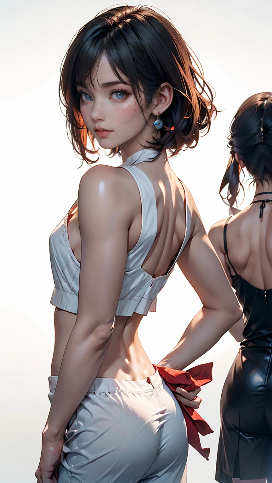 masterpiece, Highest quality, Very detailed, Best Shadow, Beautifully detailed face, Beautiful attention to detail, High Contrast,, One girl, small, (Flat Chest), bangs, Hair on one eye, Black bare shoulders,, White Background:1.3, (Face Focus:1.3, Eye close-up:1.3), ((From behind:1.3)), Butt,