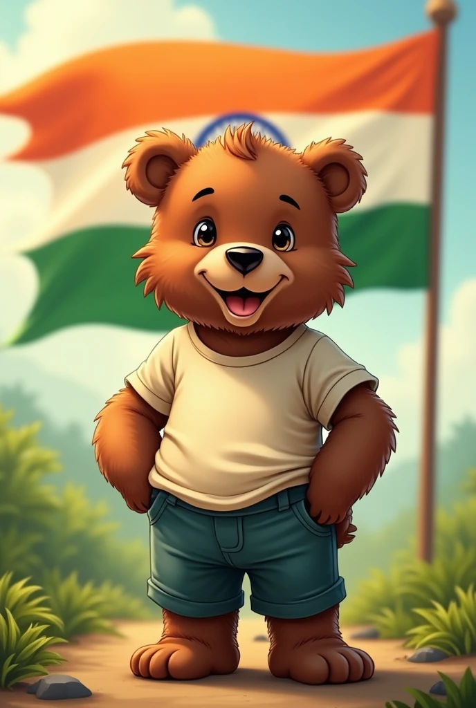 "A cute bear standing proudly, wearing a t-shirt and pants. Behind the bear, the Indian national flag (Tiranga) waves gracefully in the wind. The setting should evoke a sense of patriotism, with the Tiranga displayed clearly and vibrantly in the background."jungle