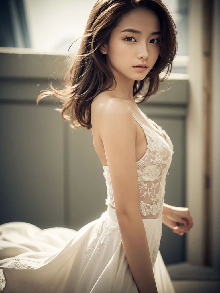 masterpiece, highest quality, alone, 1 girl, glowing skin, charming, quirky details, smooth hair, charming, bare shoulders, shallow depth of field, contrast, professional model, facing forward, portrait