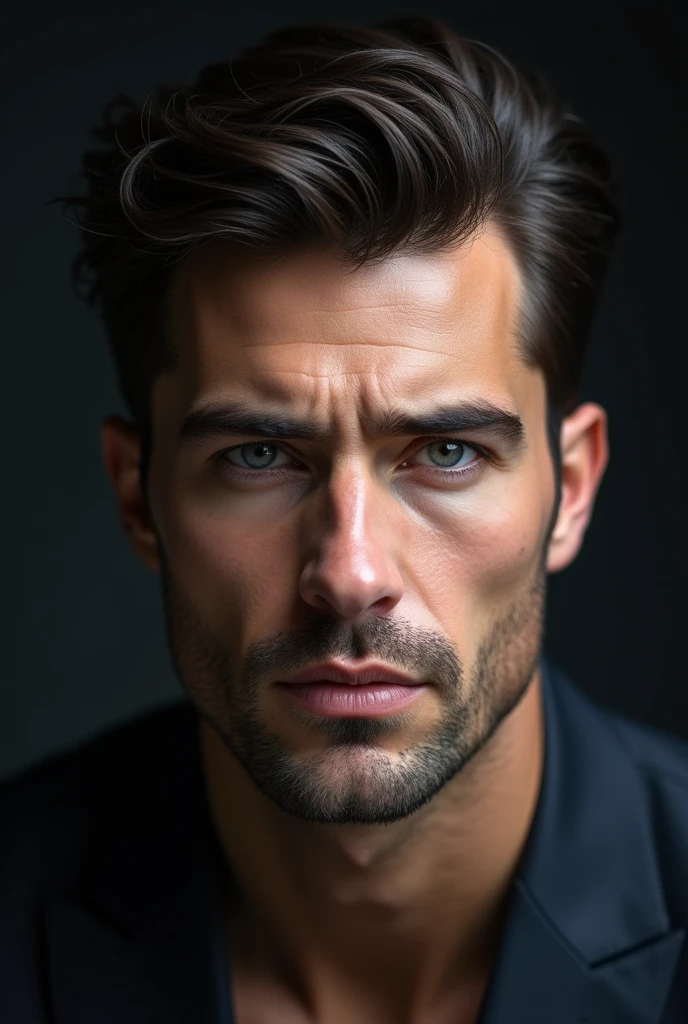 Vadim, dark hair, height 183, Blue beautiful eyes, I&#39;m strong but not a bodybuilder, medium ears, the nose is straight and not long, half-parted hairstyle, beautifully styled and velvety hair