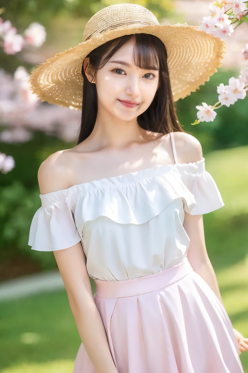 (Highest quality、Tabletop、8k、Best image quality、Hyperrealism)、Accurate anatomy、The best smile、(White off-the-shoulder blouse with large frills:1.2)、(Elegant and cute light pink flared skirt:1.2)、Blurry park background、Blurred cherry blossoms in full bloom、(standing elegantly:1.1)、(very bright and vivid:1.2)、(Super bright and radiant skin:1.3)、(Beautiful sunny sky:1.2)、The perfect straw hat