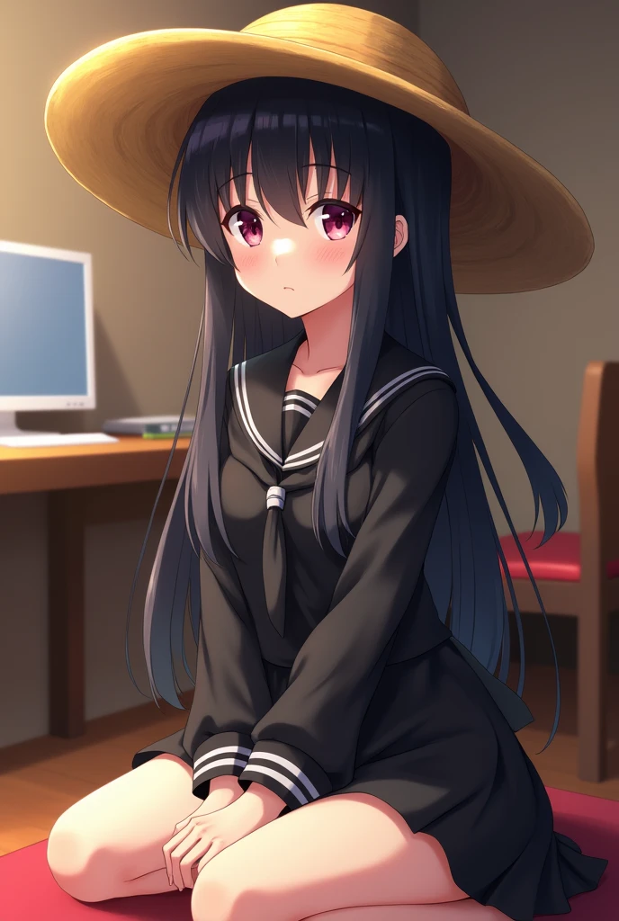 (((masterpiece))), Highest quality,Highest Resolution, Visual image of the anime, One Girl, 18-year-old, (high school girl), A firm expression, Flat Chest, Glossy black hair, Long Hair, （ponytail）, Black Sailor Suit ,Straw hat, seiza, Hands on knees, dojo, computer,  illumination, 映画illumination, Beautiful attention to detail, Composition from the front, 