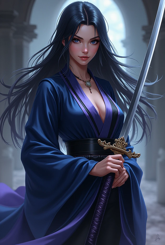 In Demon Slayer. Anime
1. **Kimono**: Her kimono could be dark and elegant, perhaps in shades of deep blue, purple, or black. The design might feature intricate patterns that reflect shadows or ethereal motifs.
2. **Hairstyle**: Imagine Najma with long, flowing hair styled in a sleek or slightly wavy fashion. Her hair could be dark, possibly with subtle highlights or lowlights to add depth.
3. **Katana**: Her katana could have a dark, reflective blade with a tsuba (guard) featuring ornate designs. The handle might be wrapped in dark-colored materials, such as black or deep purple.
4. **Accessories**: She might wear additional accessories like a dark obi (sash) and possibly a pendant or other decorative elements related to her combat style.
5. Her eyes has Black-ish colour
For a visual representation, you could try sketching these elements or using a character design tool to bring Najma's Demon Slayer Corps look to life based on this description.