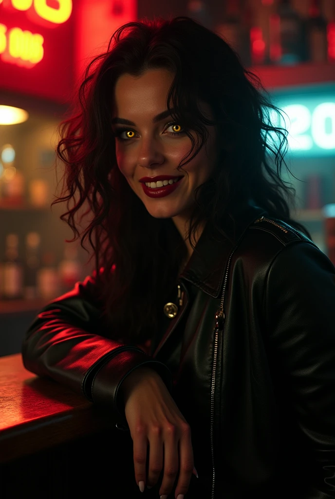 Evil Woman, black leather jacket, she is leaning against the bar counter, looking at us and smiling bewitchingly, (bare her sharp fangs, yellow eyes of a wild beast:1.5),