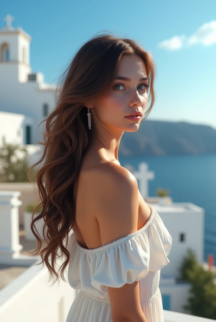 Santorini, face hidden, girl's back, long hair, loosely curled, white off-shoulder dress, a little fat