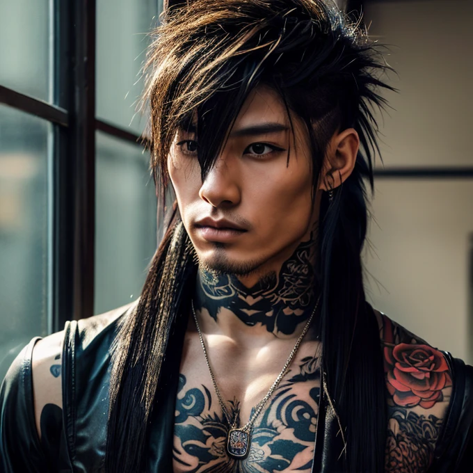 1 man, Japanese man, male, Asian eyes, muscular, broad shoulders, yakuza tattoos, hairstyle Visual Kei style, hair Visual Kei, black men's shirt and black pants, ultra detailed face, hyperrealistic, realistic representation, long hair, long hair, 30 years old, age 30 years, blonde hair