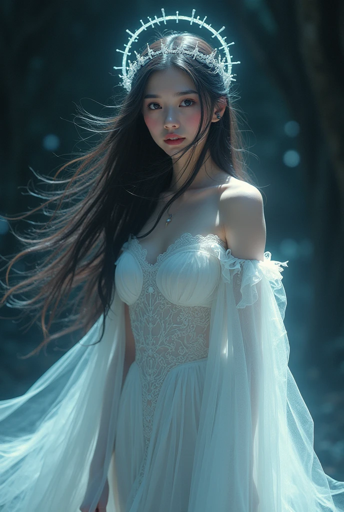 masterpiece, Highest quality, Julia Fe, One girl, alone, Long Hair, View your viewers, blush, smile, Negative Space, (Bioluminescence:1.2), darkness, Dark Background, Long sleeve, dress, Exposing shoulders, Medium chest, very Long Hair, Wide sleeves, Cape, white dress, Circlet