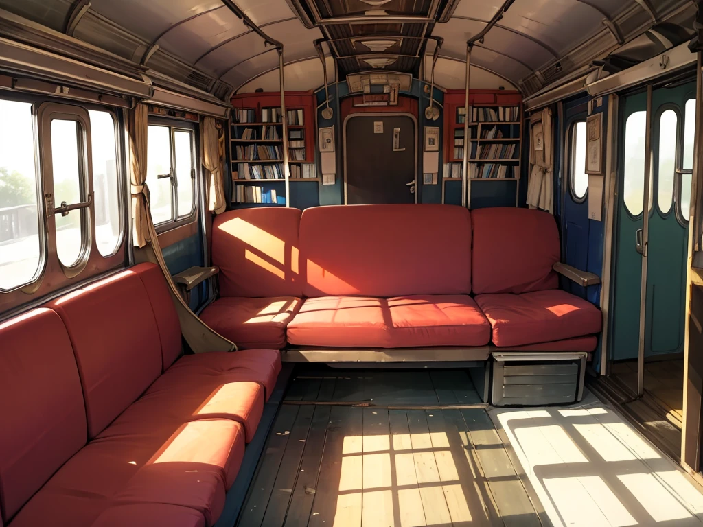 Train carriage, books piled up on the sofa, dining table with fruits and drinks, luggage scattered around the carriage, bright, high-definition, brightly colored, messy inside the carriage, garbage scattered all over the floor，There is no one in the carriage