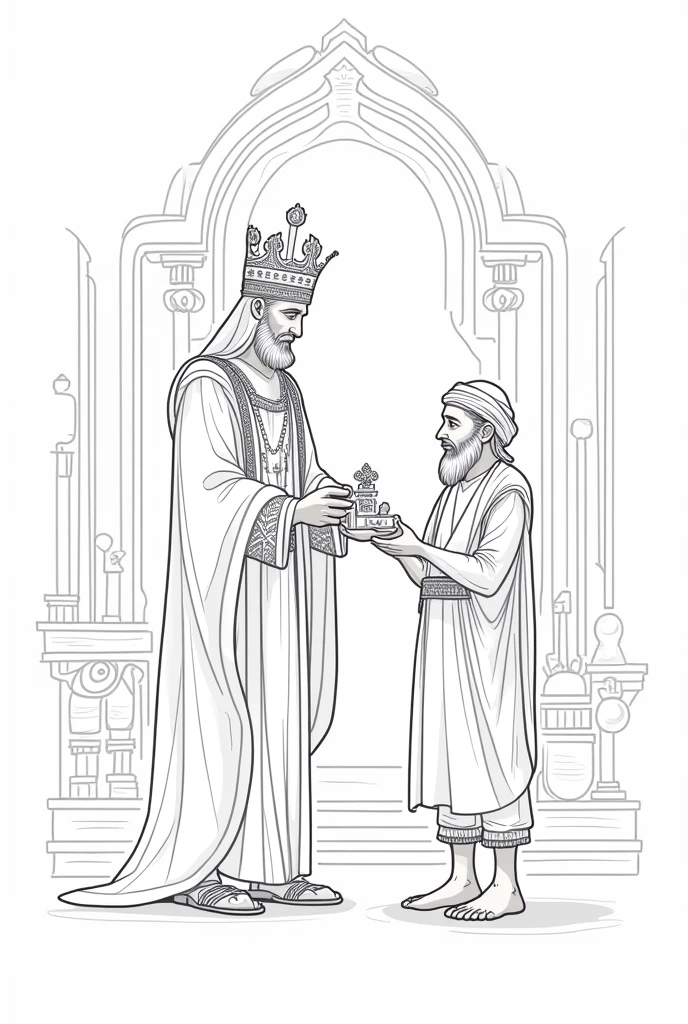 Creat a image of from sindhbad jhaji novel where a king gives a huge reward to poor sindhbad. Note not to fill any color leave space. Please make it coloress white photo , only draw outlines i didnt want black and white