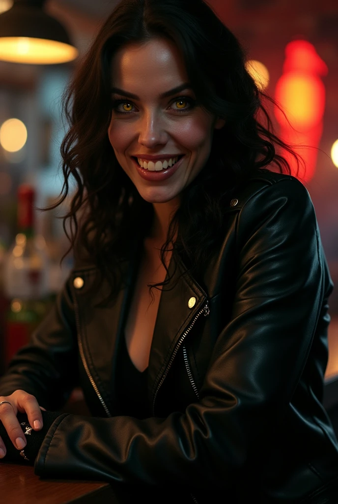 Evil Woman, black leather jacket, she is leaning against the bar counter, looking at us and smiling bewitchingly, (bare her sharp fangs, yellow eyes of wild beast:1.7),