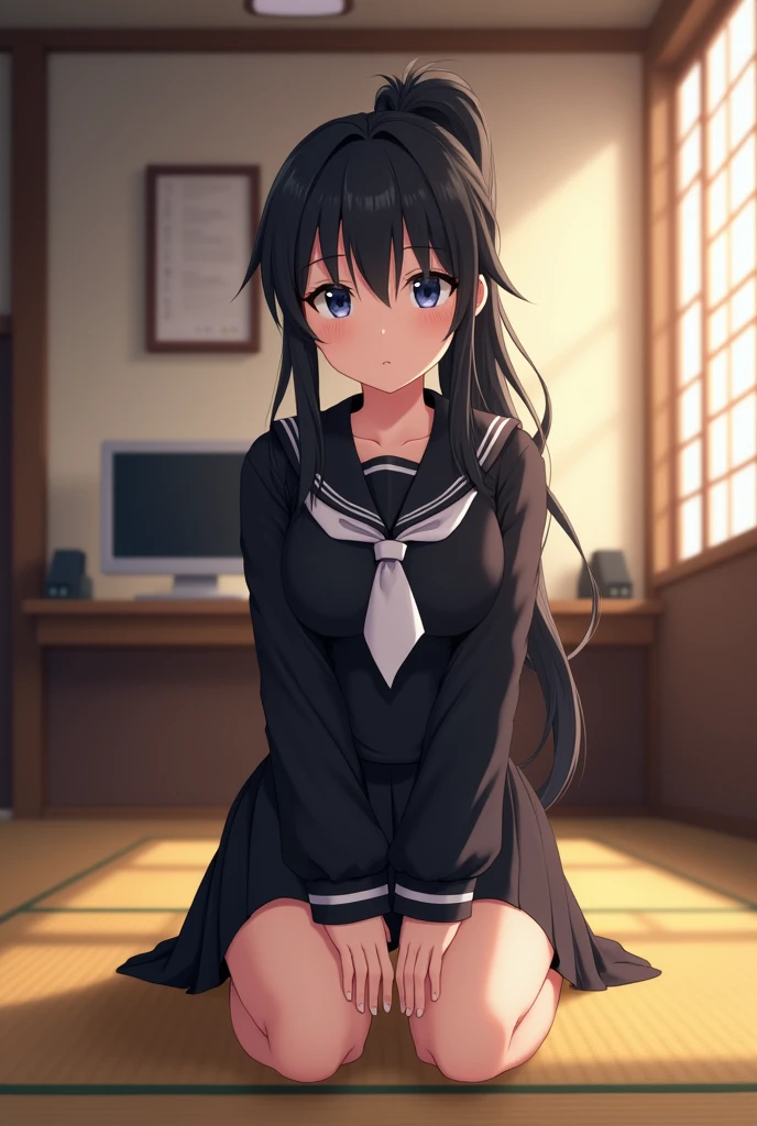 (((masterpiece))), Highest quality,Highest Resolution, Visual image of the anime, One Girl, 18-year-old, (high school girl), A firm expression, Flat Chest, Glossy black hair, Long Hair, （ponytail）, Black Sailor Suit ,seiza, Hands on knees, dojo, tatami, computer,  illumination, 映画illumination, Beautiful attention to detail, Composition from the front, 