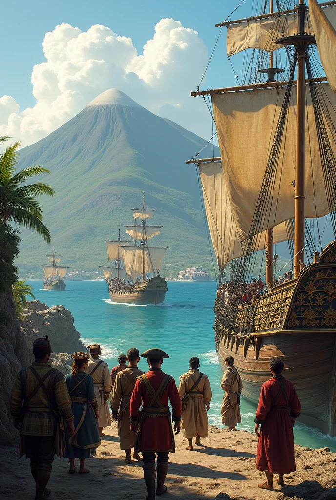 Create an image of a crew arriving in Cape Verde to colonize(It has to be old Cape Verde, not the current one). Make the image with a touch of irony. Make people arrive on the island, but with no one there yet. 