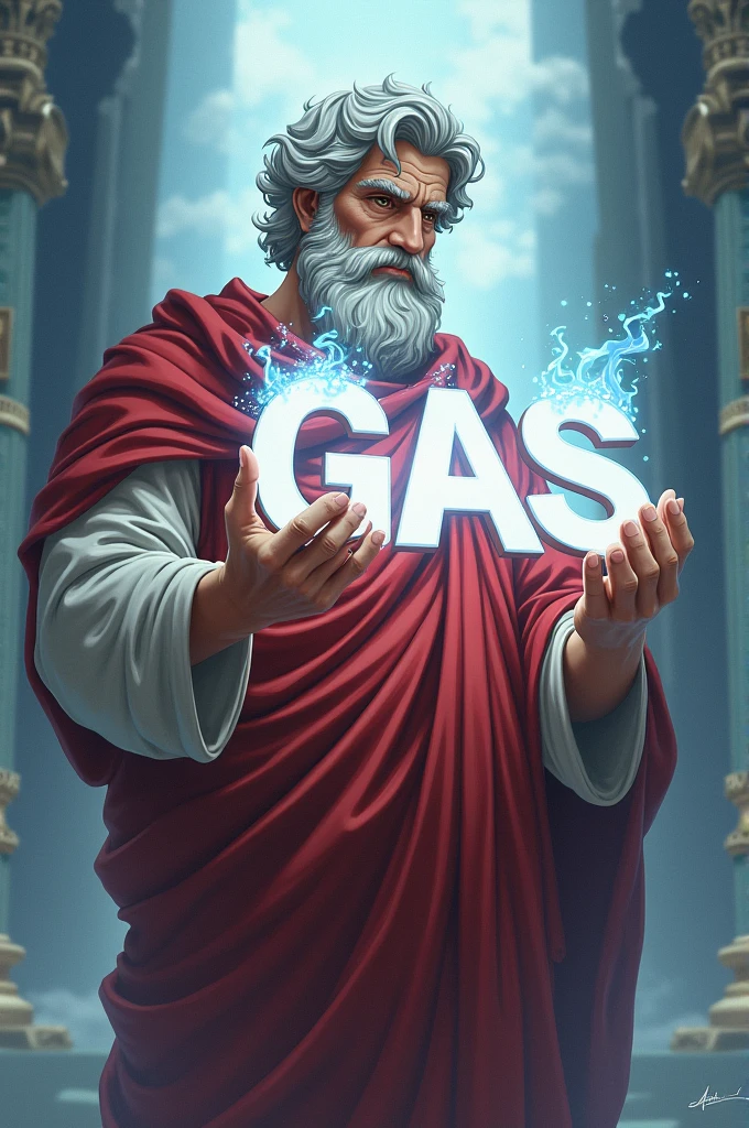 Make a anime photo of Aristotle Holding the word "GAS