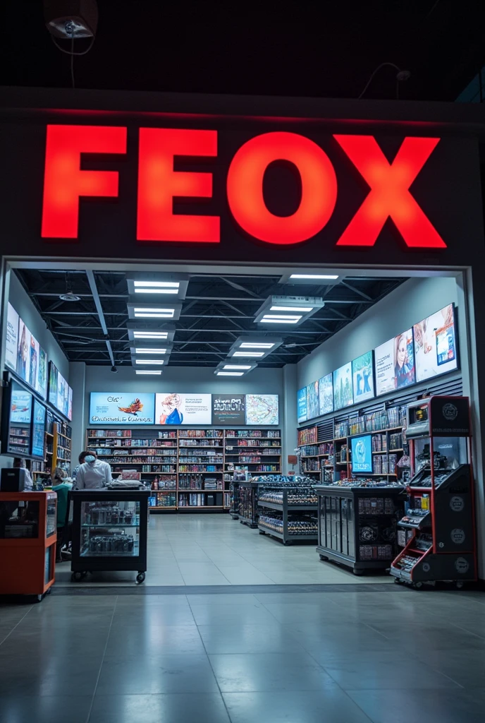 The electronics store is modern with a sign that shows the name of the store F E O X