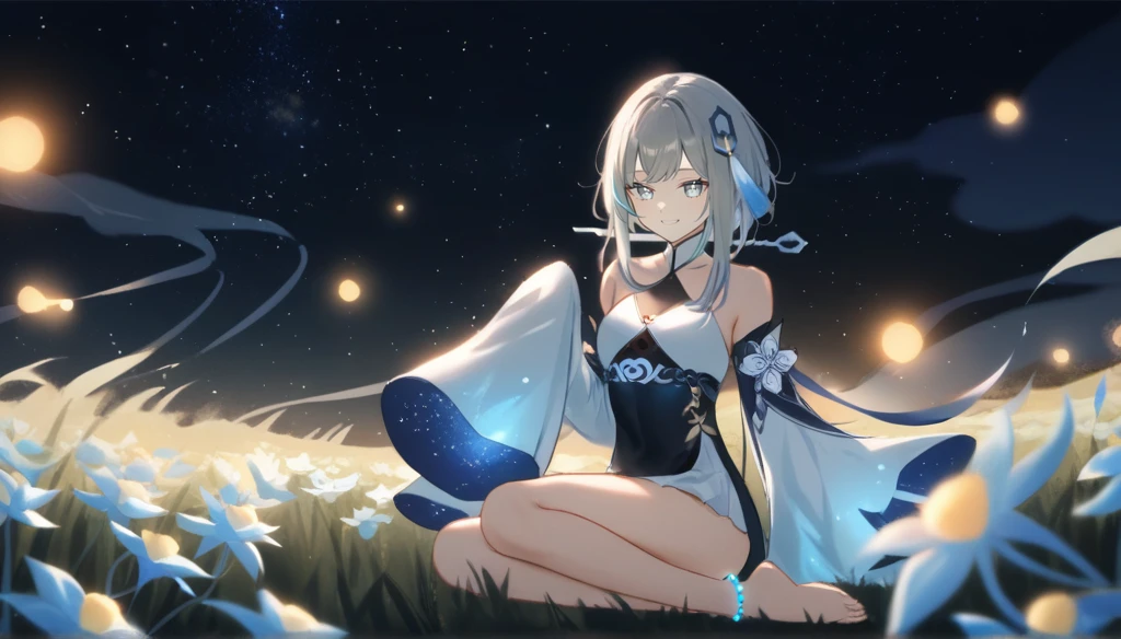 1girl, guizhong_\(genshin_impact\),light grey hair,short_hair_with_long_locks,starry_sky_print,detached_sleeves, long sleeves_past_fingers,hanfu,illustrated by matsuryuu and agahari and dsmile,pale blue eyes,stunning field of softly glowing blue and white glaze lilies,night scene,gentle smile,moonlight,glossy lips,vivid anime coloring,cel shading,smooth, soft dreamy focus,anklet,halter_top,white clothes,highly detailed,digital painting,field of flowers,bare_shoulders,wlop,barefoot,cool night tones, magical night scene,masterpiece, best quality, film, bokeh, professional, 4k, highly detailed,fireflies,Guardian nebula of rainbow light and silvery vapor,