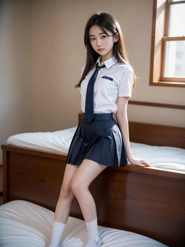 ((top-quality、masterpiece))、(Full body standing shot:1.4)、、(arms behind back,:1.4)(Surreal schoolgirl in schoolgirl uniform Japan:1.3), (White shirt short sleeves:1.2), (Ultra-thin ribbon tie:1.2)、(Short skirt 1.2)、(slender:1.2)、(small tits:1.2)(masutepiece, Best Quality:1.2), 8K, 15yo student, 85 mm, Official art, Raw photo, absurderes,(Sadness face:1.3), close up, Upper body, violaceaess, gardeniass, Beautiful Girl, School uniform, (Navy pleated skirt:1.2), (Sitting on a bed in a dark room:1.4), Looking at Viewer, No makeup, Skinny Fingers, Film grain, chromatic abberation, Sharp Focus, face lights, clear lighting, Teen, Detailed face, Bokeh background