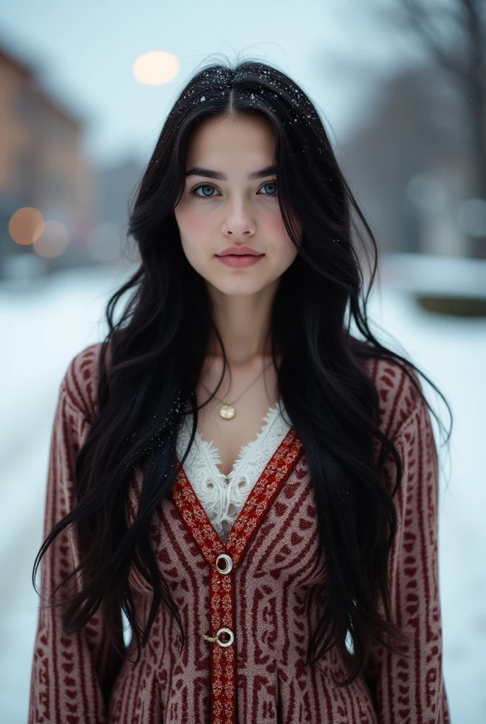 natural portrait photography, an analog film photo of a cute black long hair  white skin, blue eyes, young sexy nordic woman with huge breasts wearing a comfy traditional dress in a snowy norway city road, dof, bokeh, detailed, 8k, soft focus, 35mm