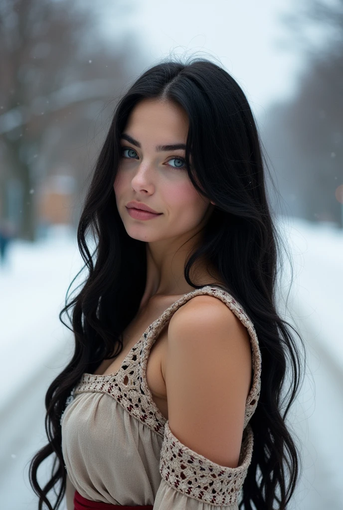 natural portrait photography, an analog film photo of a cute black long hair white skin, blue eyes, young sexy nordic woman with huge breasts wearing a comfy traditional dress in a snowy norway city road, dof, bokeh, detailed, 8k, soft focus, 35mm