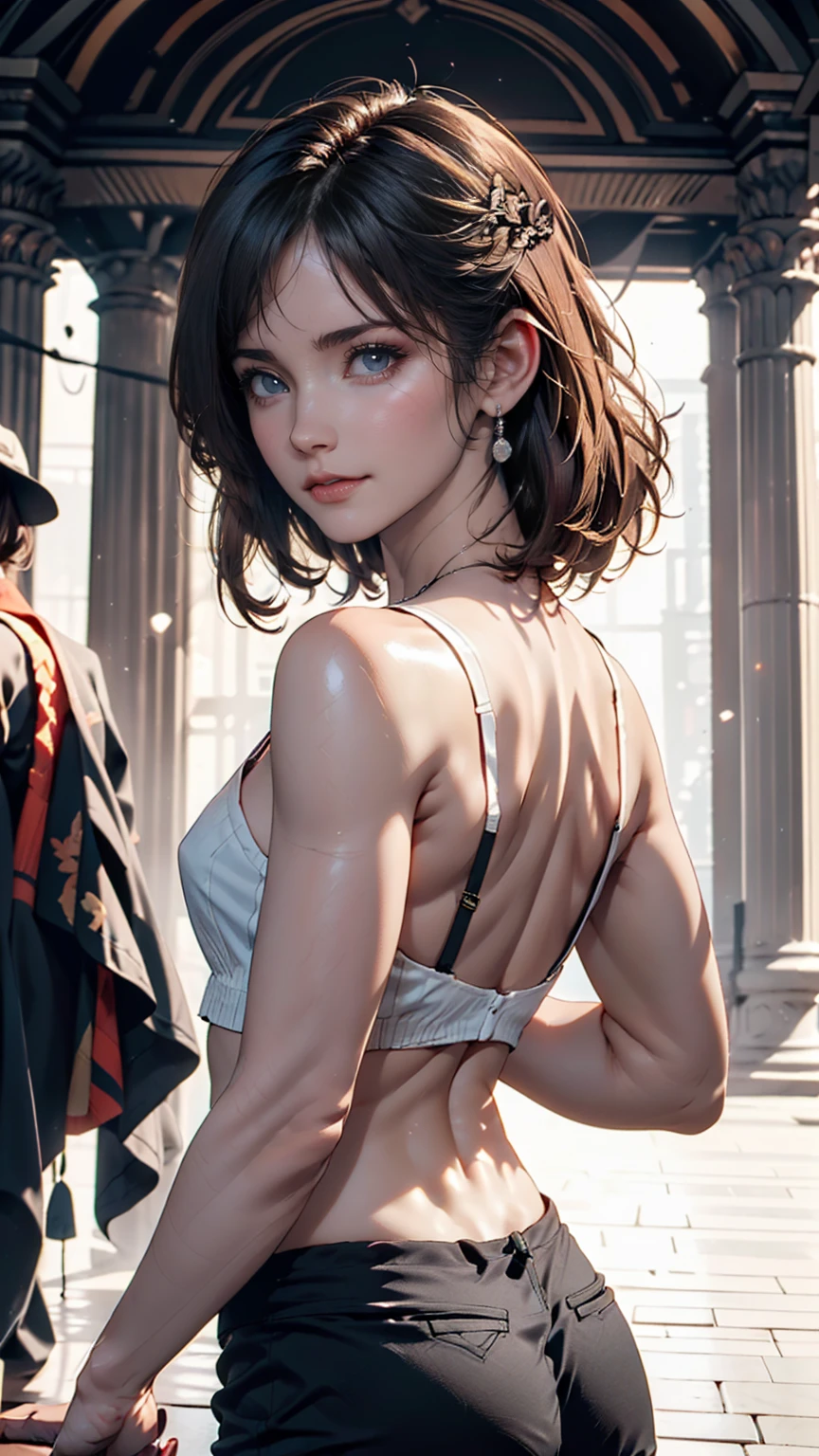 masterpiece, Highest quality, Very detailed, Best Shadow, Beautifully detailed face, Beautiful attention to detail, High Contrast,, One girl, small, (Flat Chest), bangs, Hair on one eye, Black bare shoulders,, White Background:1.3, (Face Focus:1.3, Eye close-up:1.3), ((From behind:1.3)), Butt,