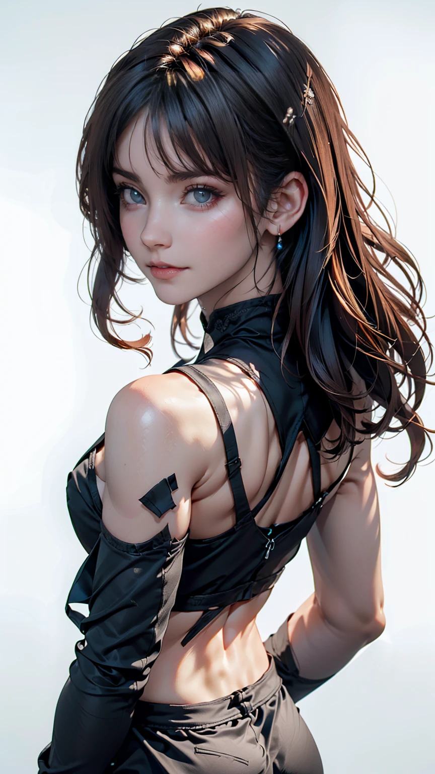 masterpiece, Highest quality, Very detailed, Best Shadow, Beautifully detailed face, Beautiful attention to detail, High Contrast,, One girl, small, (Flat Chest),  bangs, Hair on one eye, Black bare shoulders,, White Background:1.3,  (Face Focus:1.3, Eye close-up:1.3), ((From behind:1.3)), Butt,