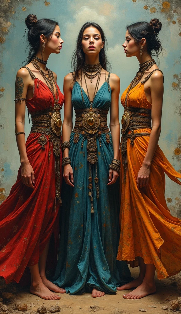 ((Paletteknife Oil painted harmonic colors)), ((Three female tribal Albina goddess gown, staring at each other)), ((Full body)), lots of jewelry, ((Hard Dynamic Poses)), (((women's , short hair or hairless))), stunning face ,((Random old dress tribal clothes printed)), (((tribal bijou))), ((tribal oil painting in body)), Hard storming and wind effects, Caravaggio style, surreal masterpiece, octane rendering, focus, colorful oil painted background, detailed, intricate details, rich colors, barefoot, ((Pale skin)).