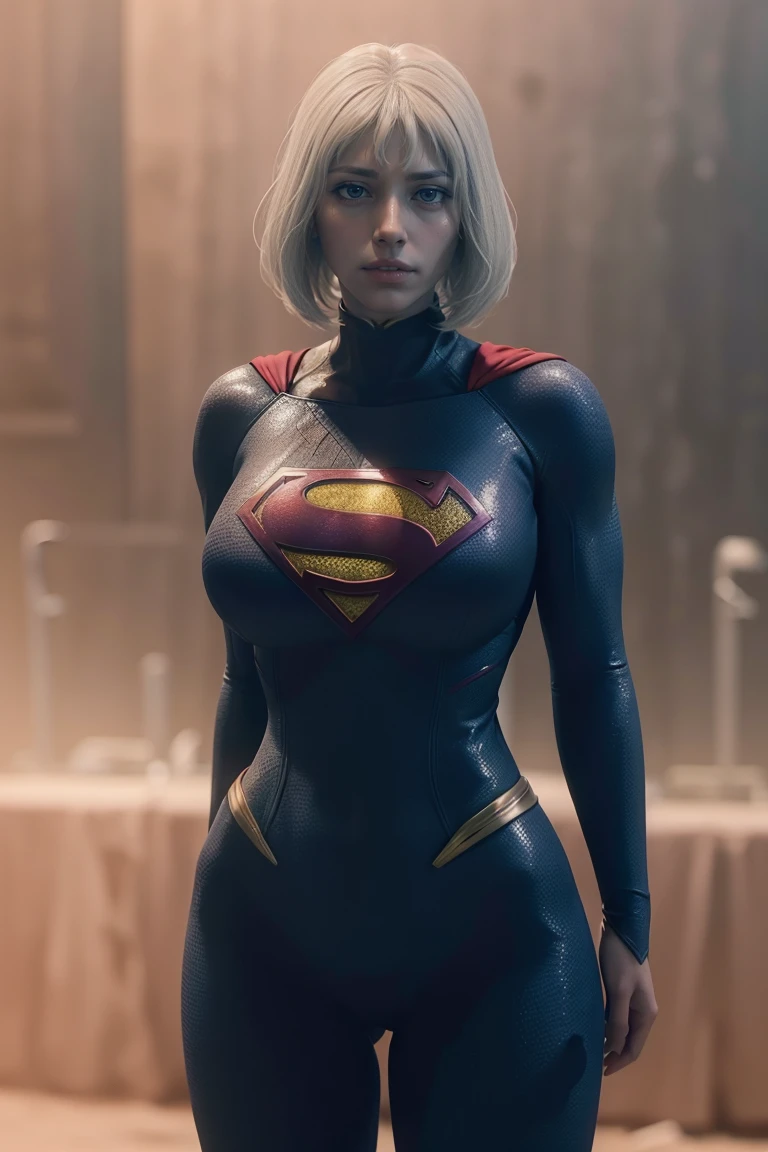 a beautiful girl with short white hair, wearing a tight supergirl costume with long sleeves, huge breasts,perfect body,wide hips (best quality,4k,8k,highres,masterpiece:1.2),ultra-detailed,(realistic,photorealistic,photo-realistic:1.37),hyper detailed facial features,extremely detailed eyes and face,longeyelashes,highly detailed costume,dynamic pose,action scene,moody lighting,cinematic composition,vibrant colors,