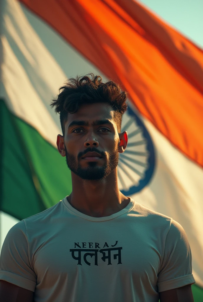 Neeraj Saini name background t-shirt back stunt boy, no seen face, salute Indian flag