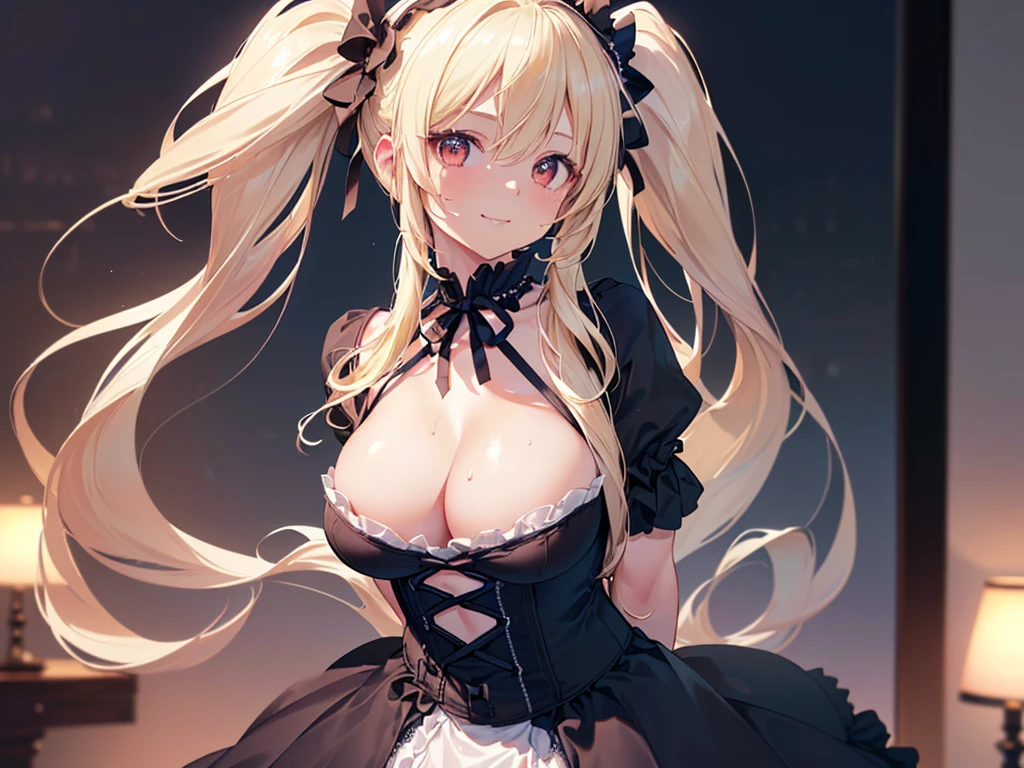 ((Upper Body:1.5, Breast augmentation:1.5, profile:1.5, close:1.5, walk), (Realistic, Realistic: 1.37), (masterpiece, Highest quality: 1.2),(Big Breasts:1.5)、 (Ultra-high resolution: 1.2), (RAW Photos: 1.2), (Sharp focus: 1.37), (Face Focus: 1.5), (Extremely clear images:1.3), (Shot with Nikon), (Ultra Definition CG Integrated 8k Wallpaper: 1.2), (Beautiful Skin: 1.2), (White skin: 1.3), (Hyper Sharp focus: 1.5), (Ultra Sharp focus: 1.5), (Beautiful cute face:1.3, Taiwan actress face:1.3), (Highly detailed background, Detailed Background: 1.3), A photo of a very cute and beautiful woman, (actress), Professional attire, (22 years ago: 1.1), Portrait of a Girl, Upper Body image, Front view, The composition is symmetrical, (Studio Lighting: 1.3), (Movie Light: 1.3), (Backlight: 1.3), Dim lighting, Full body lighting, break, ((Looking straight at you, Put your arms behind your back, Stylish pose:1.3)), break, (光沢のあるブロンドのthin髪: 1.37, Twin tail hairstyle:1.37), Dark brown eyes, Beautiful Eyes, Princess Eyes, ((Blonde:1.3)), bangs, Hair between the eyes, thin, Abdominal muscles, perfect Abdominal muscles, (Big Breasts;1.47, Cleavage:1.27), (thinウエスト: 1.15), (Detailed beautiful girl: 1.4), (Breasts pressed together, View Audience, (Wearing a Gothic ta dress:1.3, Gothic Fashion:1.5)), alone, Lips parted, Red lips, (Glowing Skin), Sweat, (Detailed night view background:1.2), (A light smile:1.37, closed mouth:1.37), ((Perfect female body)), (Upper Bodyイメージ:1.3), Frame Head, Perfect Anatomy, Perfect Proportions, 8.5 Life-size, expensive, Face Focus, Ultra Realistic Photo, Ultra-sharp images, Ultra-detailed images,Red eyes、
