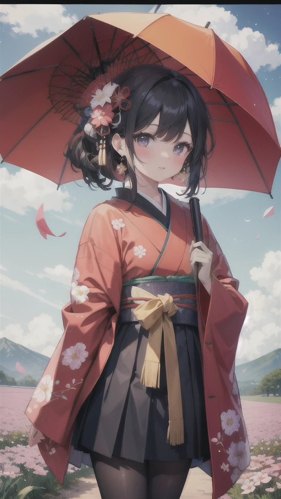 (masterpiece), (Highest quality), (Very detailed),Black Pantyhose, skirt, ear,Are standing,  Flower Field,Create an anthropomorphized version of the character in the image that would appeal to a Japanese audience, incorporating elements that are culturally significant or popular in Japan, such as traditional clothing or contemporary fashion trends, and features that reflect Japanese aesthetics.