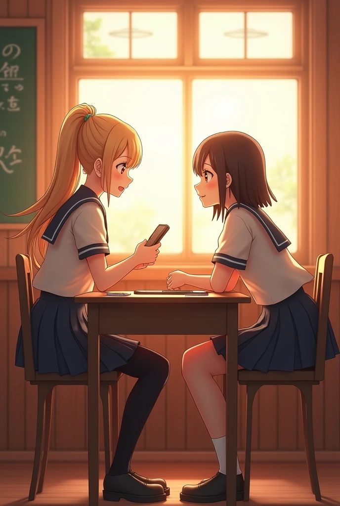 (Very detailed CG ユニティ 8k 壁紙,masterpiece, Highest quality, Very detailed),School classroom atmosphere,wood々Sunlight shining through the gaps,A beautiful blonde high school girl with twin tails and ahoge(D Cup),Smartphone in hand,Tinker,Beautiful black-haired schoolgirl,Skinny and flat chested, Wearing a sailor uniform,Sitting on a chair、He is having a conversation with a blonde girl sitting at a desk.,in the evening.