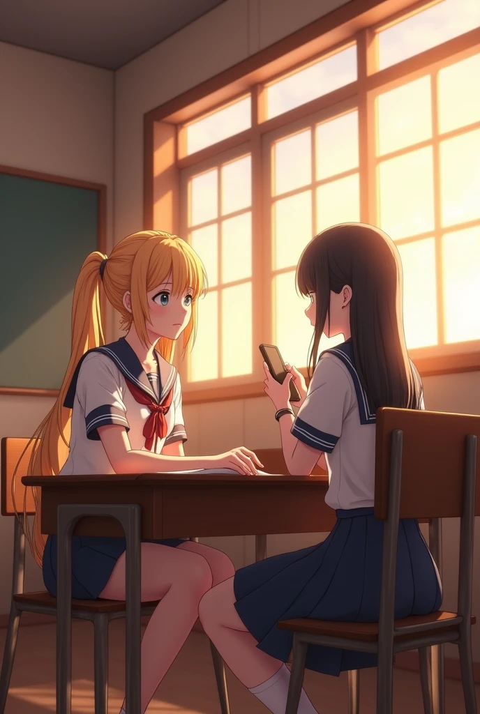 (Very detailed CG ユニティ 8k 壁紙,masterpiece, Highest quality, Very detailed),School classroom atmosphere,wood々Sunlight shining through the gaps,A beautiful blonde high school girl with twin tails and ahoge(D Cup),Smartphone in hand,Tinker,Beautiful black-haired schoolgirl,Skinny and flat chested, Wearing a sailor uniform,Sitting on a chair、He is having a conversation with a blonde girl sitting at a desk.,in the evening.