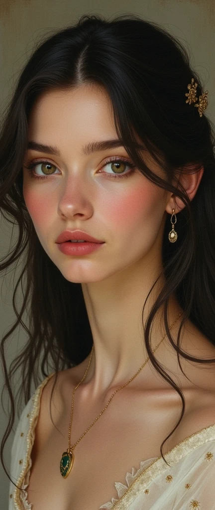 Young queen , slanted eye , white skin, dark hair