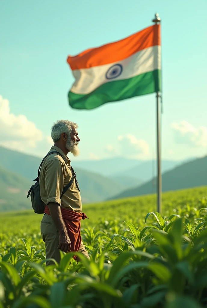 The farmer is looking at the Indian flag planted in his field