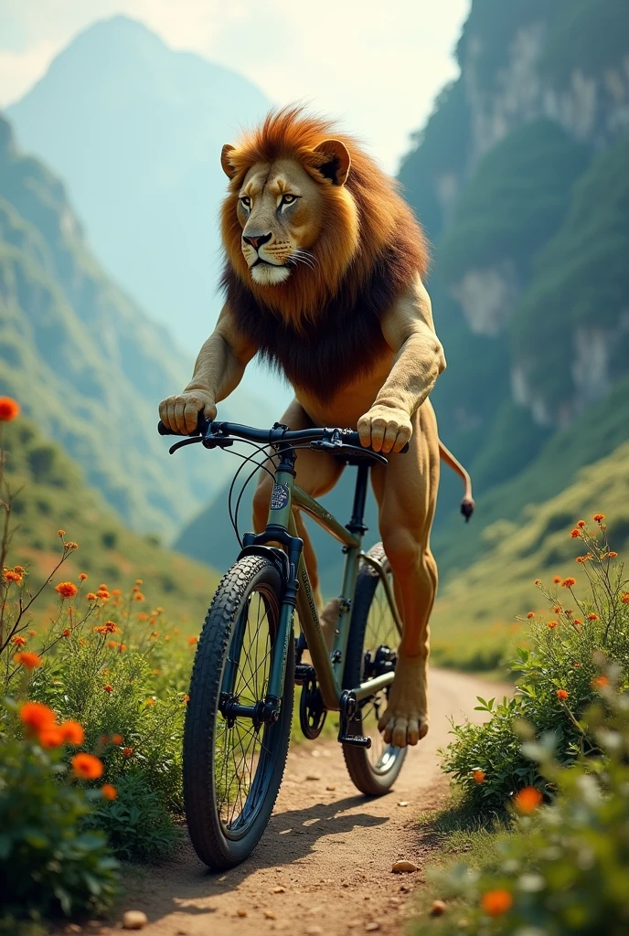 Lion riding a bicycle in mountains with alot of greenary 