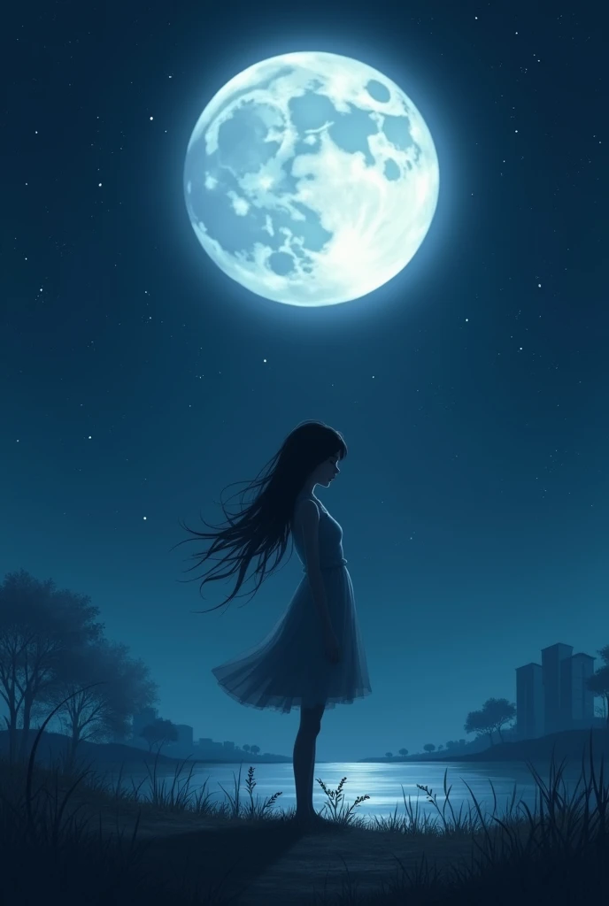 A girl standing in moon night with a boy who left her in moon night