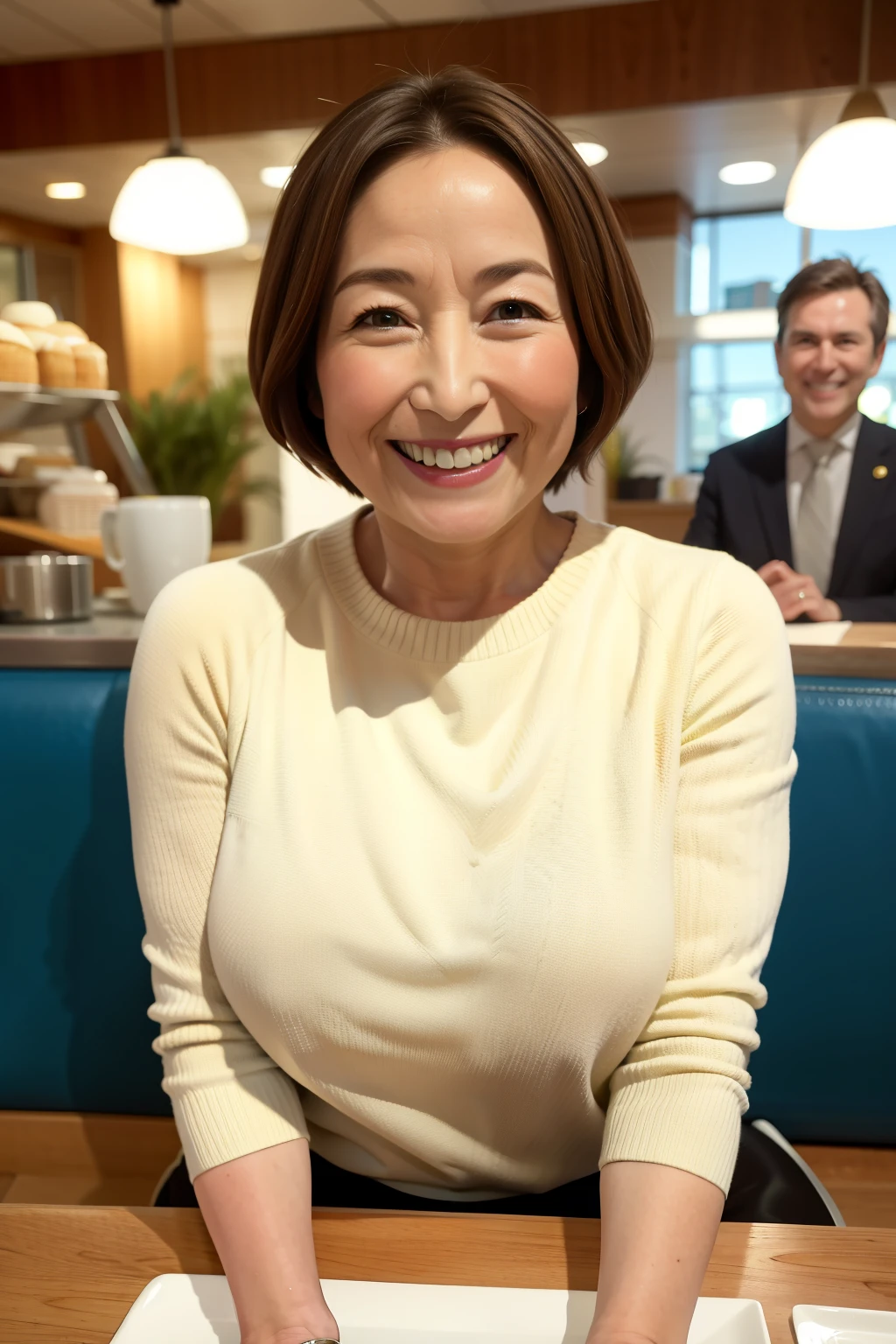 8k wallpaper, masterpiece, Highest quality, Very detailed, One Mature Woman, 50 years old, Become very clear, Wearing a short-sleeved knit, Skin dents, Captivating smile, Looking at the audience, No lapel microphone, Plump, Curvaceous, Attractive face, Smiling with teeth showing, I was happy, sitting in a cafe, Background Blur