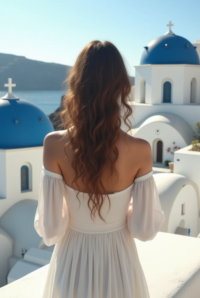 Santorini, blue building, back view, face not visible, girl, pale skin, long hair, loosely curled, white off-the-shoulder dress, a little overweight