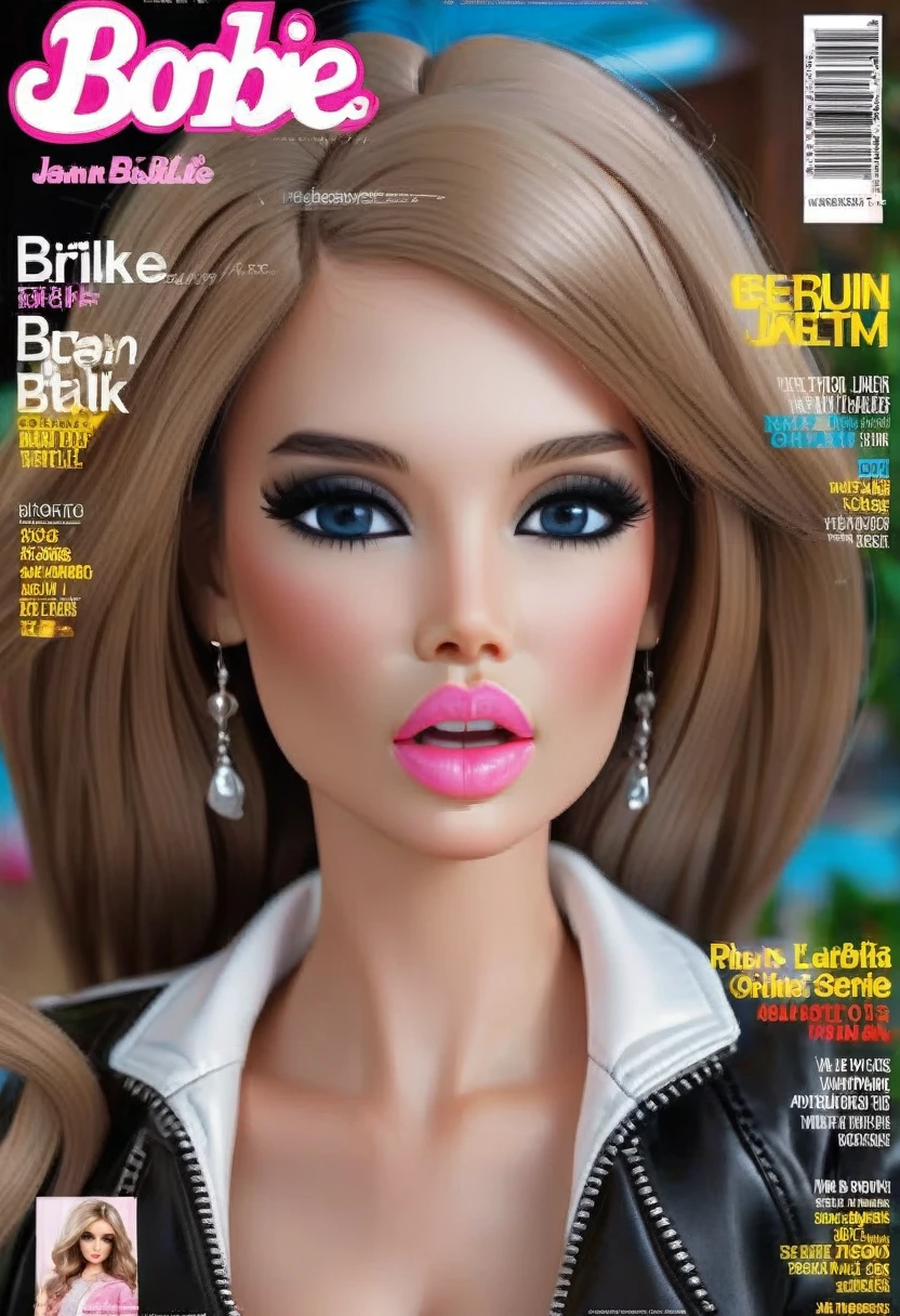 Magazine cover,, God-like quality, Godly Art, Long Hair Barbie, big eyes,, Full lips, thick lips,(Wearing Black Leather Jacket),Small jeans,(White skin),E7E48U