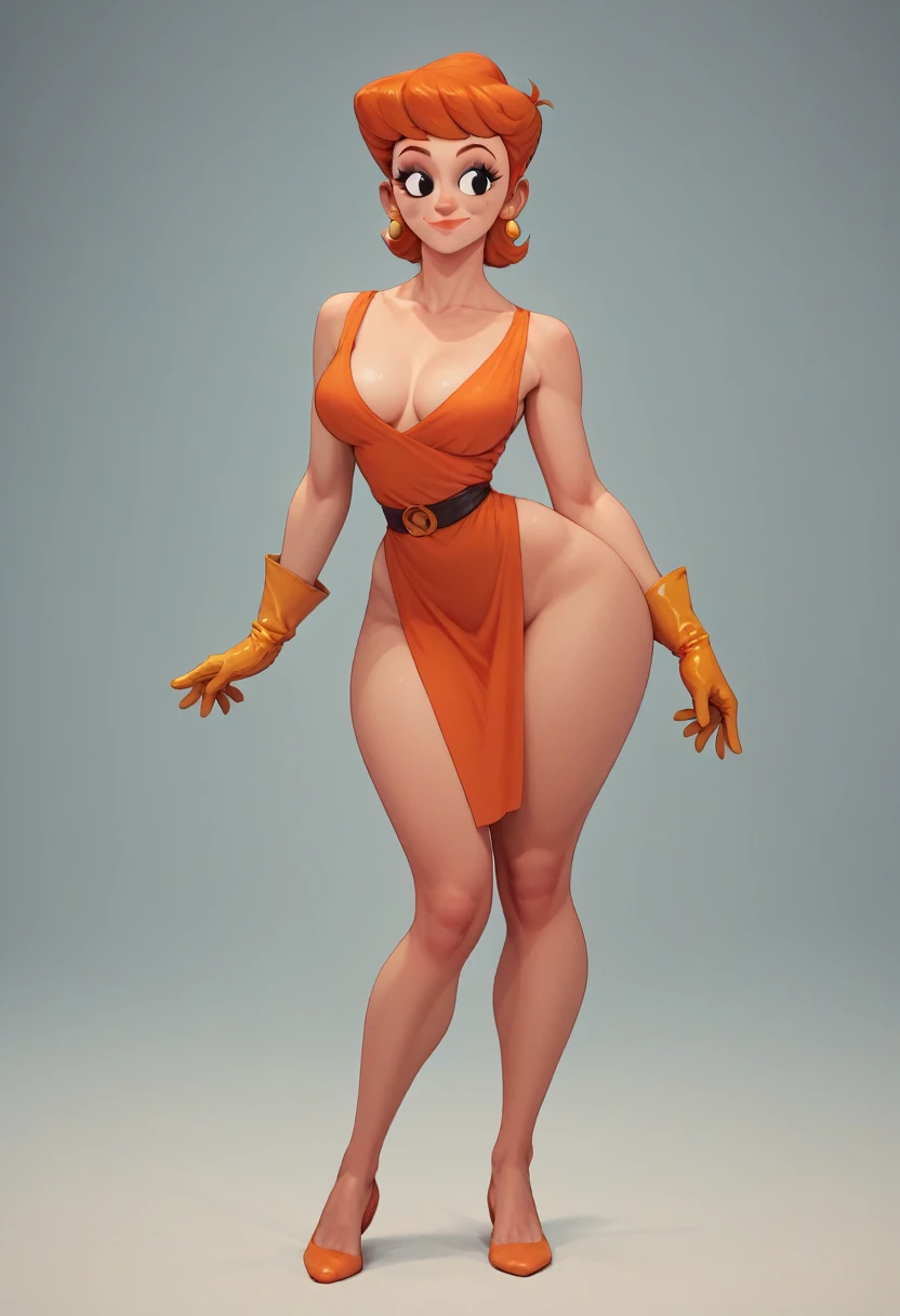 dextersmom,mature female, wide hips, orange hair, black eyes, makeup, earrings,gloves,slight smile naked full body