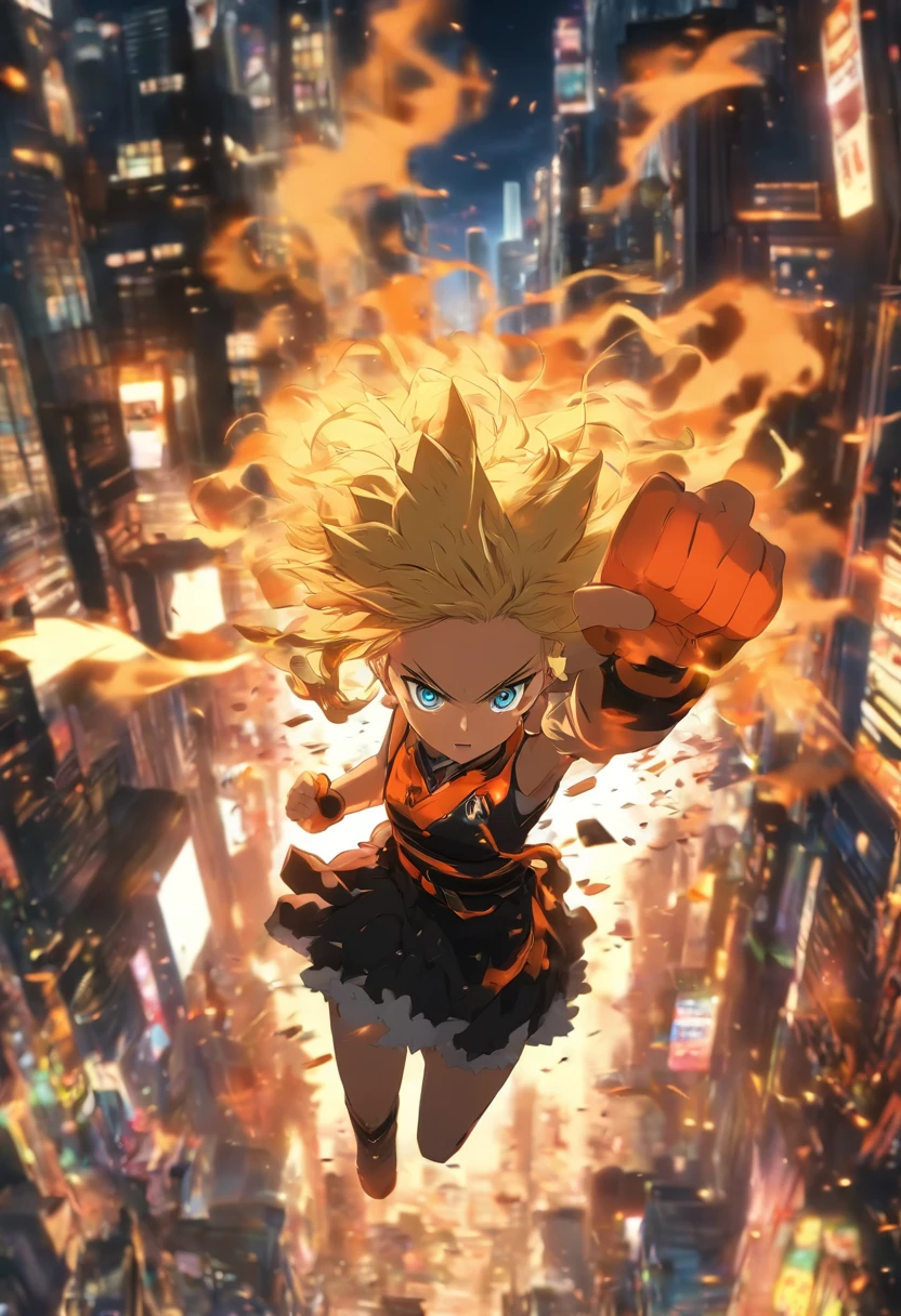 Orange, white and black dress、Blonde、Shortcuts、Curly hair、Spirit、ambition、Raise your fist、Intimidation、Blow away、roar、Martial Woman、Highest quality、Collapsed cityscape、night