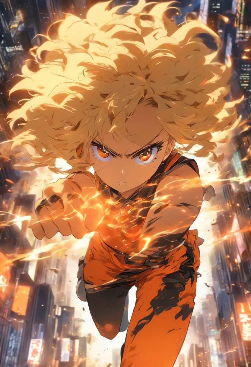 Orange, white and black dress、Blonde、Shortcuts、Curly hair、Spirit、ambition、Raise your fist、Intimidation、Blow away、roar、Martial Woman、Highest quality、Collapsed cityscape、night