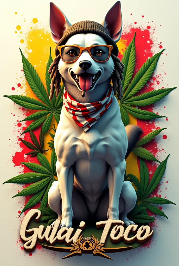 3d logo red yellow green grafitti text "gulai toco" full white basenji mix white malinois standing roaring,
dreadlocks,wearing a hat beanie and smoking cigar cigarette,wearing cool glasses, muscular, white legs, saliva melting on sharp teeth, wearing a red and white bandana on his head. . In the lower left corner of the image, there is small writing below the text "gulai toco" which is written in cursive letters and handwritten style. ink splash red yellow green, jamaica flag mariyuana background