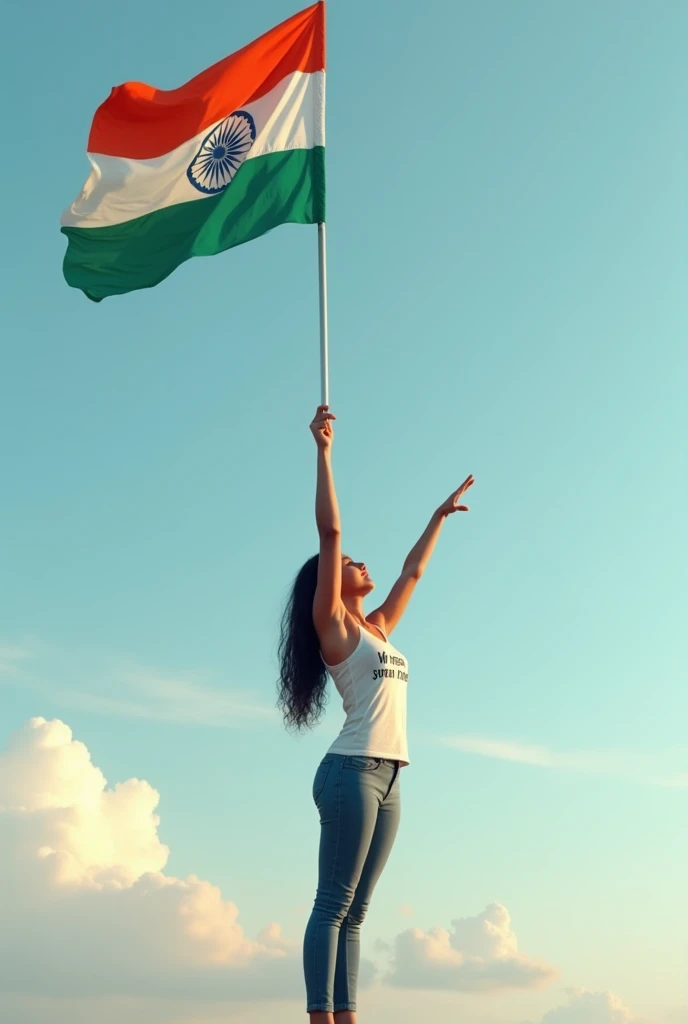 A young girl named "MANISHA ", aged 25-30, is saluting the Indian flag. The name "Write your name " and the number "15" are on the back of his t-shirt, which features the Indian flag design. He is performing a perfect handstand, saluting the flag in front of him. The scene is set against a clear blue sky with soft white clouds, highlighting the sense of pride and patriotism.