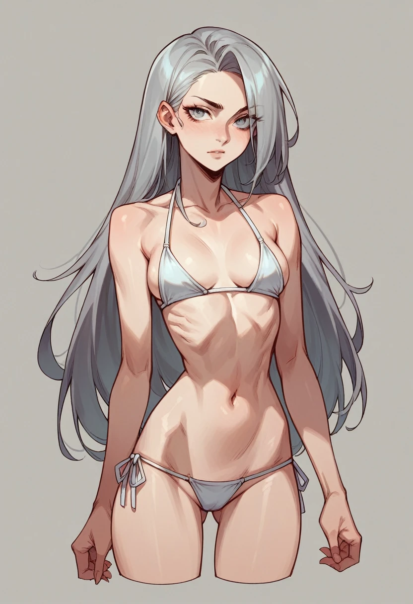 skinny,long hair,bikini,silver gray hair, Narrow waist