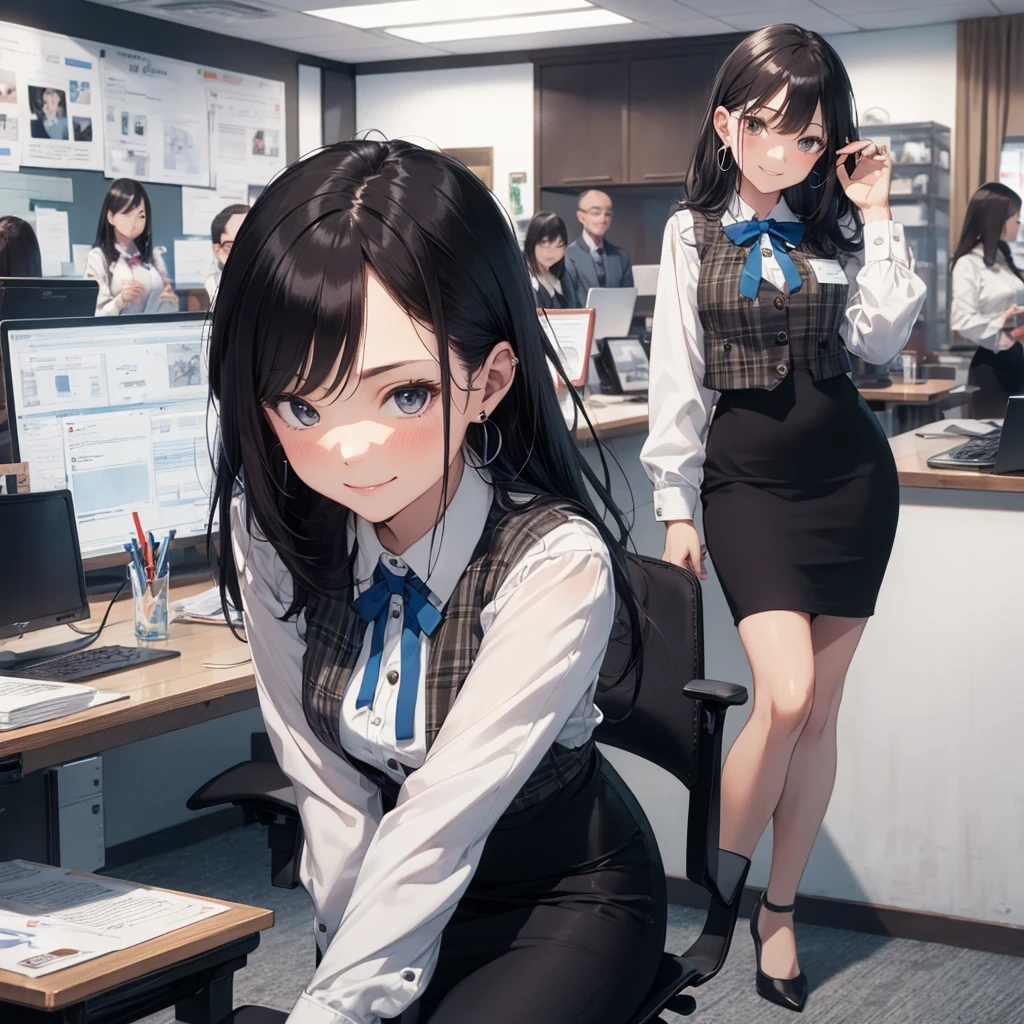 (Best Quality, Masterpiece),Wearing a pink plaid vest, White short sleeved shirt, Gray pencil skirt, Wear stiletto heels, Necklace, earrings, Cute face, Smile, Blushing, Shyness, Glass wall, Ultra Detail, Realistic, Front view, Whole body, stunning, cute, warm smile, hourglass figure, apron, text, chart, advertising, magazine title(Best Quality, Masterpiece), Mag((((1ladyl,)))) (masterpiece), (realistic), (best quality), (ultra-detailed), (wearing in [[white and gray check pattern]] Vest worn over white collared long-sleeved shirt:1.4), (gray vest with buttons:1.2), (Pink Theme:1.2), (blue ribbon ribbon:1.3), (Black theme:1.4), (Tight black pencil skirt:1.5), ((Brown pantyhose)), (high-heels:1.1),longskirt,office desk, office chair,Lulubre Unity 8K Wallpaper, pantyshot, long brown hair, office lady Magazine Cover, 1girl,  amazing, girl, 30 years old, house wiife, warm smile, hourglass figure, text, chart, advertising, 