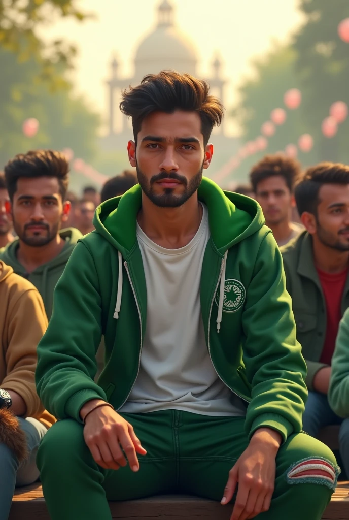 14 Pakistan independence day with 20 Year age background Lahore Pakistan with t shirt white , write Riaz Ahmad & green hood & green gean & sit down people