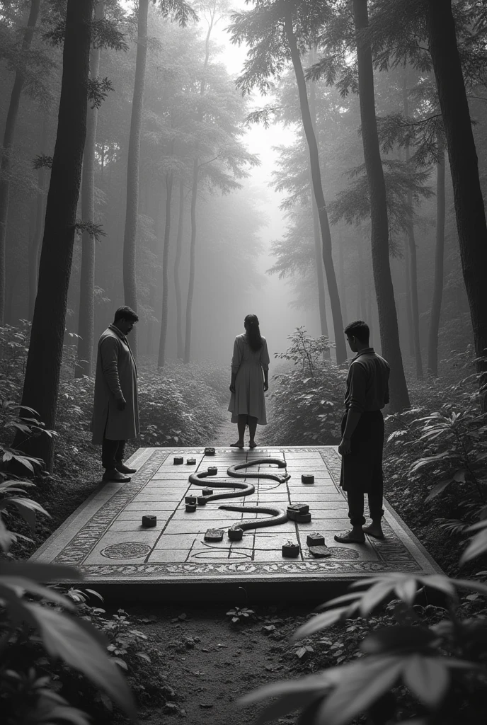Two indians, a girl and a guy playing Life sized snakes and ladders in a forest, the girl is ahead of the guy. Make it black and white