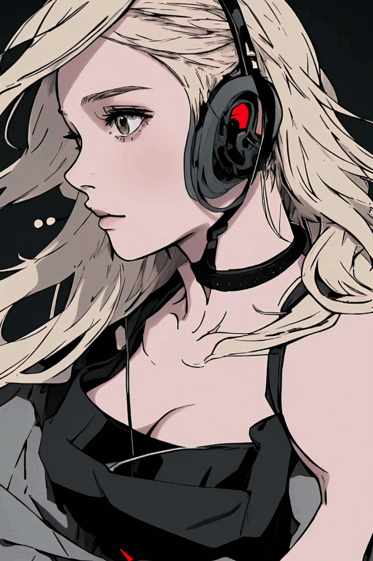 profile close up of beautiful woman, pale skin color, wind blowing in her hair, detailed hair, blonde hair, black tank top, earphones, muted tones, background is dark night sky