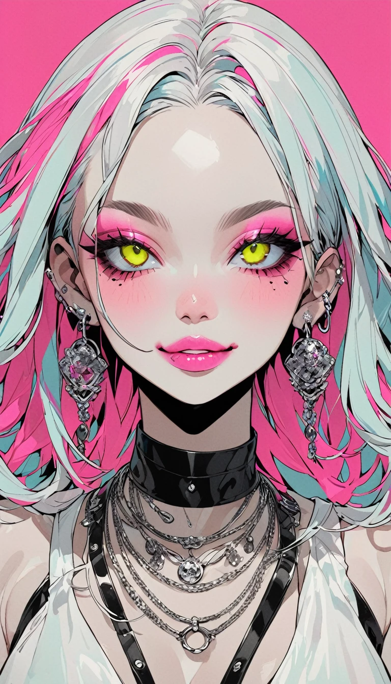 (Highest quality:1.4, City Pop Style, Very detailed, up to date, Vibrant, High Contrast, masterpiece:1.4,), Gal, Neon Color Hair, Braid, Droopy eyes, Brown skin, A gentle and attractive beautiful woman, Half-body photo, Attractive oval face, double eyelid, Pink Lips, Neon Hair, Punk Style, Earrings, (Grinning smile), jewelry, Pink lips, necklace, Goth, Cute Face, Pure light blue background.